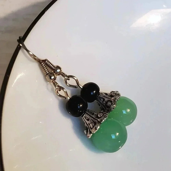 Eclectic Black Light Green Glass Bead Antiqued Silver Fancy Bead Cap Earrings - Picture 3 of 6